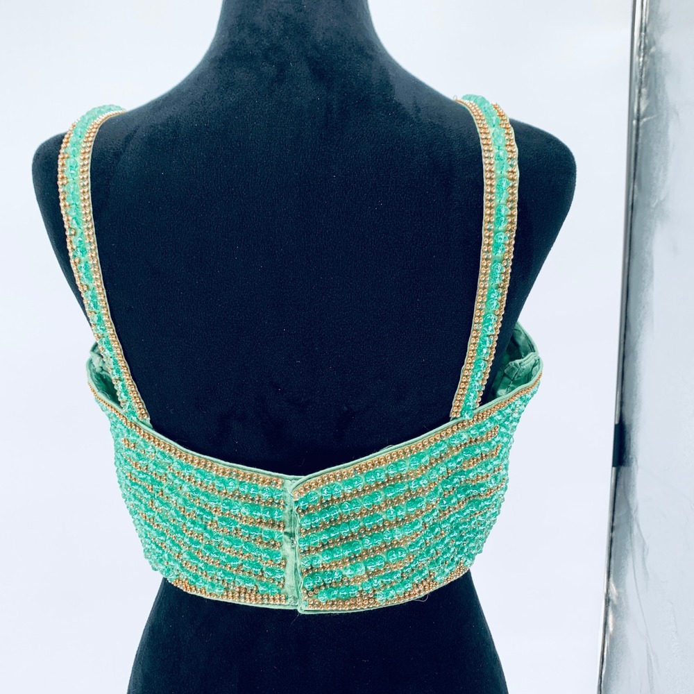 Hand Sewn sz Medium Bead & Rhinestone Blouse Sweetheart Crop Top w/ Sewn In Cups